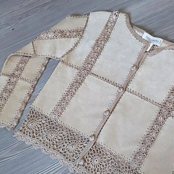 VINTAGE Boho Patchwork & Crochet Leather Jacket - Picture 8 of 13